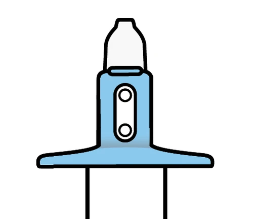 Schematic drawing of a blue medical device with two small white oval openings and a transparent dome-shaped upper part