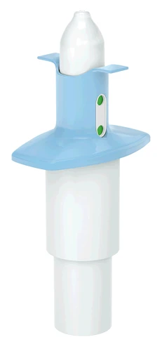Cylindrical medical device with a white base, central blue body, a green oval indicator, and a white upper part