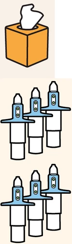Orange tissue box and two rows of three blue and white prefilled syringes arranged vertically on a beige background
