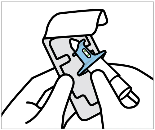 Two hands holding a blue and white medical device being removed from a gray plastic container with a folded-back lid