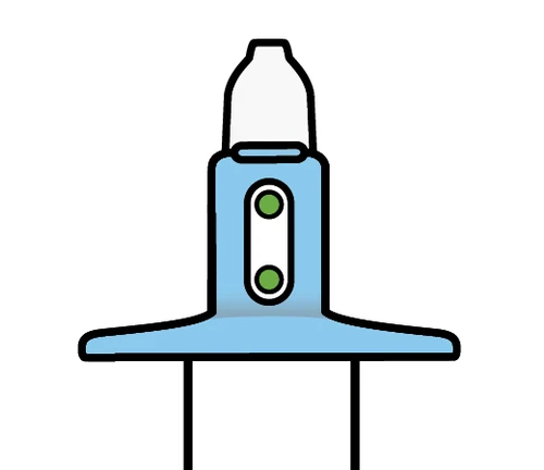 Blue medical device with two green circular indicators and a transparent upper part, placed on a flat base with two vertical supports