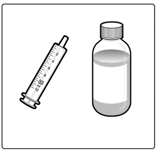 Black and white drawing of a graduated syringe with a numerical scale from 2 to 12 next to a medicine bottle with a screw cap
