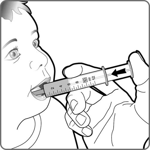 Black and white drawing of a hand inserting a graduated syringe into the open mouth of a newborn to administer an oral medication