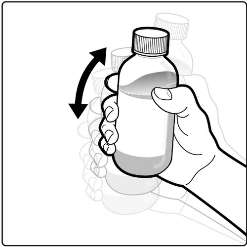 A hand holds a medicine bottle and gently shakes it up and down in the direction indicated by a double-headed arrow