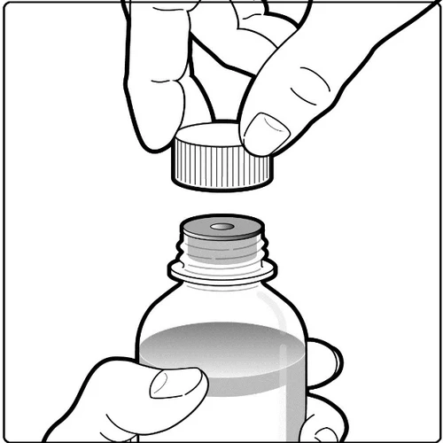 Two hands unscrewing the ribbed plastic cap from a glass vial containing a clear liquid