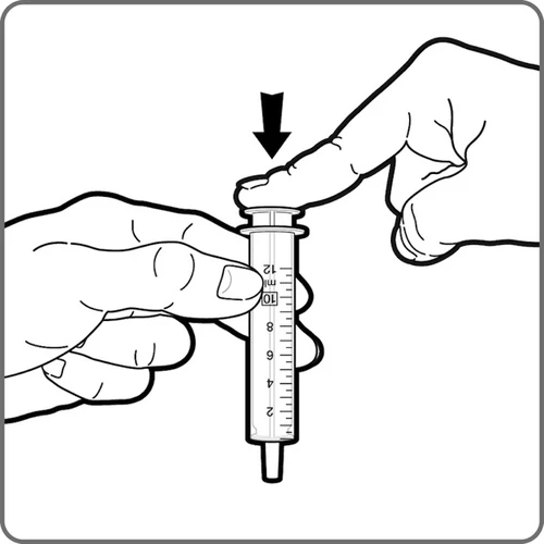 Two hands holding a 12 ml graduated syringe with a finger pressing the plunger downward to dispense the liquid