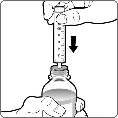 Two hands operating a graduated syringe to draw liquid from a glass vial with a rubber stopper, indicated by a black arrow