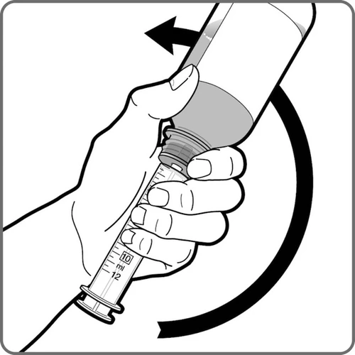A hand holds a syringe filled with liquid, and a curved black arrow indicates the rotational movement of the vial to mix the contents