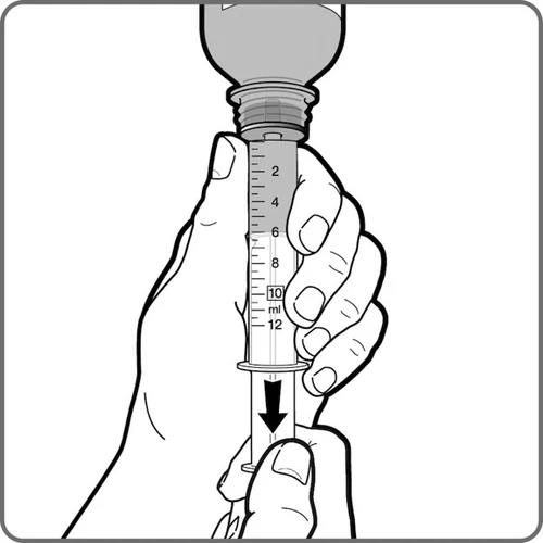 Two hands hold a 12 ml graduated syringe connected to a vial while the plunger is being pushed downward to draw in the liquid