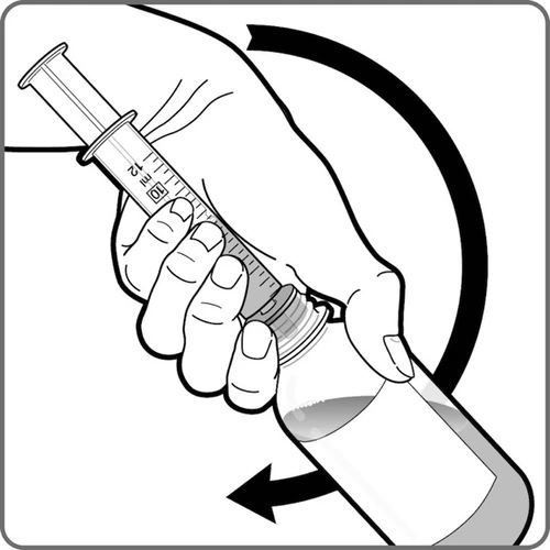 A hand holds a graduated syringe and inserts it into a glass vial, rotating it clockwise as indicated by curved arrows