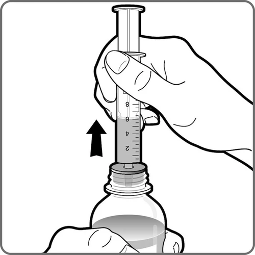 A hand holds a syringe with a black arrow indicating the downward movement