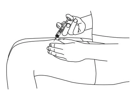 Disegno lineare di una mano che impugna una siringa per iniettare un farmaco nel braccio di una persona sostenuto dall'altra mano