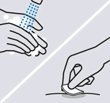 Disegno schematico che mostra due mani che lavano le dita con schiuma e una mano che applica un cerotto su una superficie cutanea