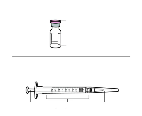 Disegno tecnico di un flaconcino di vetro con tappo rosa e una siringa graduata orizzontale con scala millimetrica da 0,1 a 1 ml