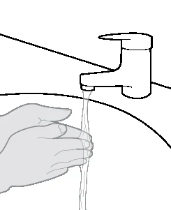 Disegno lineare di mani che si lavano sotto un getto d'acqua che esce da un rubinetto montato su un lavandino