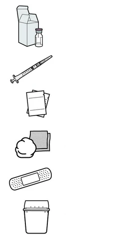 Disegno lineare di una scatola con flaconcino, siringa, foglietti, garza, batuffolo di cotone, cerotto e un contenitore per rifiuti medici