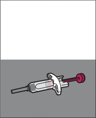 Dispositivo medico a forma di siringa con corpo trasparente, un disco bianco centrale e un pomello di pressione rosso su sfondo grigio