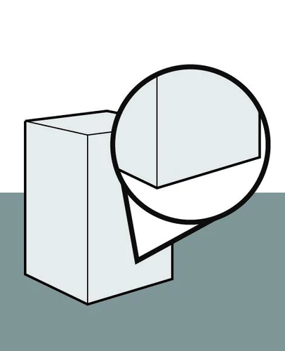 Diagramma schematico di un oggetto rettangolare tridimensionale grigio chiaro su sfondo verde acqua con un ingrandimento circolare dell'angolo superiore