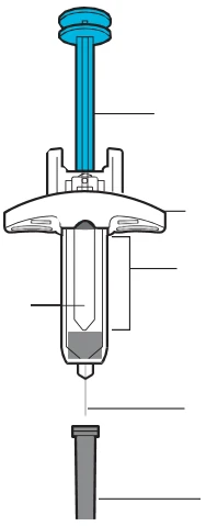 Diagramma tecnico di un dispositivo medico con stantuffo azzurro, corpo centrale bianco e grigio e componenti separati indicati da linee guida
