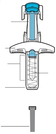 Diagramma tecnico di un dispositivo medico con componenti interni blu, linee di riferimento e sezioni evidenziate su sfondo bianco