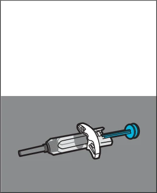 Illustrazione tecnica di una siringa monodose con ago e pistone blu su sfondo grigio neutro