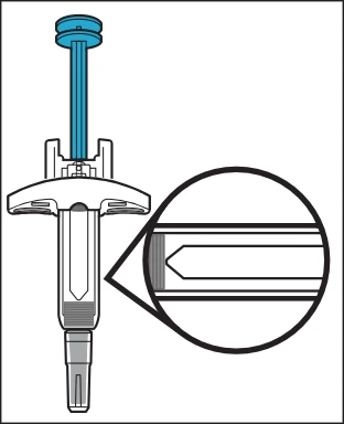 Diagramma tecnico di una siringa con pistone azzurro e un ingrandimento circolare che mostra il dettaglio della punta dell'ago metallico