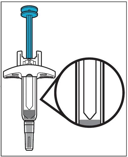 Diagramma di una siringa con pistone azzurro e un ingrandimento circolare che mostra il dettaglio della punta dell'ago con il liquido all'interno