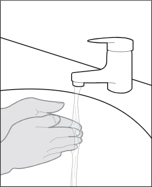 Disegno in bianco e nero di due mani che si lavano sotto un getto d'acqua che esce da un rubinetto sopra un lavandino