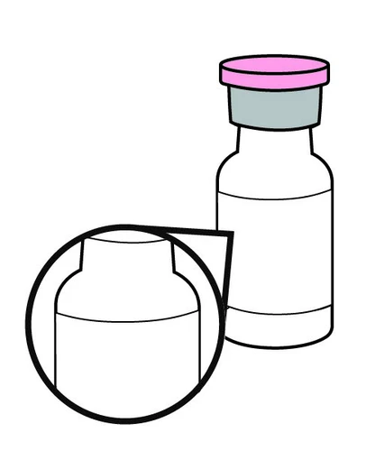Disegno stilizzato di un flacon con tappo rosa e un ingrandimento circolare che mostra il dettaglio della parte superiore del contenitore bianco