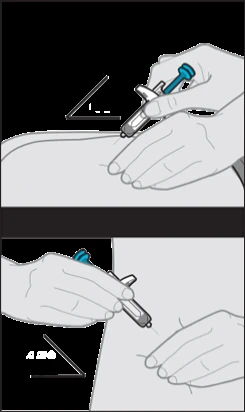 Due illustrazioni mostrano mani che impugnano una siringa per iniettare un farmaco in una zona del corpo con diverse angolazioni