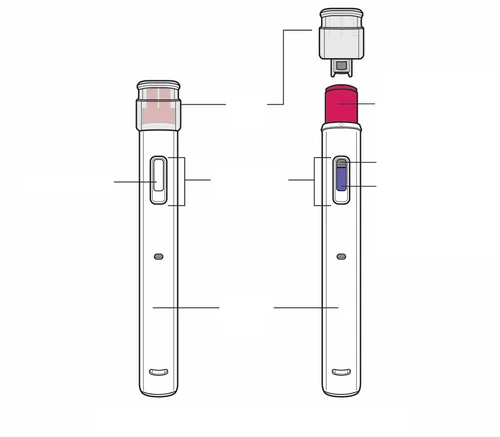 Diagramma tecnico di una penna iniettore con componenti evidenziati da linee guida, tra cui il cappuccio rimovibile e l'indicatore di dose blu