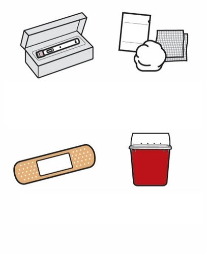 Disegno di una scatola aperta con un dispositivo medico, un guanto con un fazzoletto, un cerotto color carne e un contenitore per rifiuti rossi