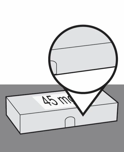 Diagramma tecnico che mostra un dettaglio ingrandito della scritta 45 mg su una scatola rettangolare di un farmaco su sfondo grigio