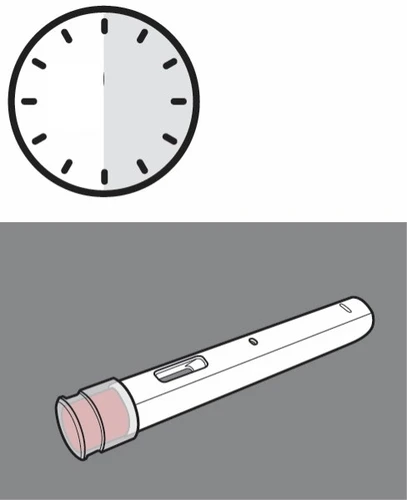 Orologio analogico stilizzato con lancette e un dispositivo medico a forma di penna bianca con punta rosa su sfondo grigio e bianco