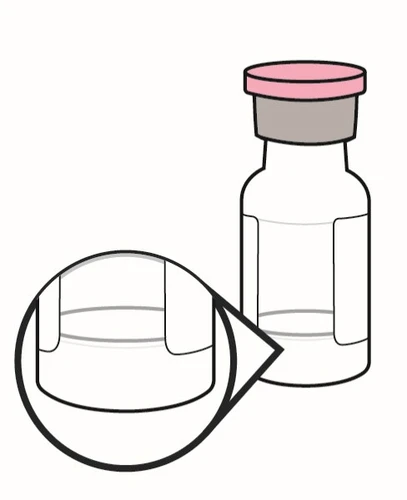 Illustrazione di un flaconcino di vetro trasparente con tappo rosa e un ingrandimento circolare che mostra il livello del liquido all'interno