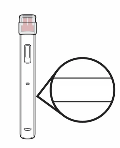 Disegno tecnico di una penna iniettiva bianca con un ingrandimento circolare che mostra il dettaglio della parte centrale del dispositivo