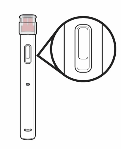 Disegno tecnico di una penna iniettore bianca con un ingrandimento circolare che mostra in dettaglio la finestra di controllo trasparente centrale
