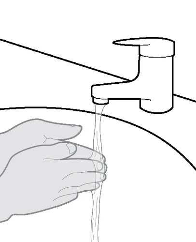 Disegno lineare di due mani che si lavano sotto un getto d'acqua che scorre da un rubinetto sopra un lavandino