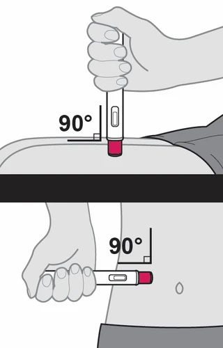 Illustrazione medica che mostra due modi per iniettare un farmaco con un dispositivo a 90 gradi sulla parte superiore della coscia e sull'addome