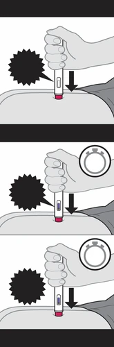 Sequenza di tre illustrazioni che mostrano una mano che preme un dispositivo medico sulla pelle con una freccia verso il basso e un timer