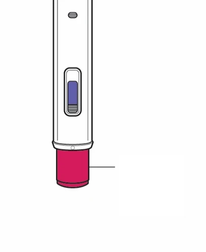 Dispositivo medico a forma di penna bianca con una finestra centrale che mostra un liquido blu e una base cilindrica di colore rosso intenso