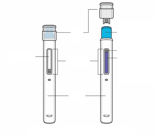 Diagramma tecnico di un dispositivo medico a penna con componenti esplosi che mostrano il cappuccio, il corpo e la finestra di controllo del liquido