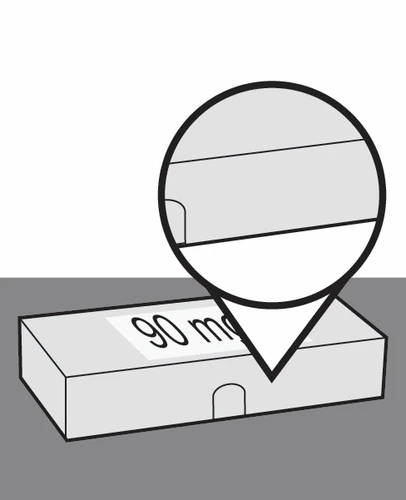 Disegno schematico di una scatola rettangolare con la scritta 90 mg e un ingrandimento circolare che mostra il dettaglio della parte superiore