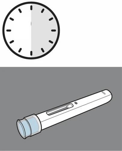 Icona di un orologio analogico stilizzato sopra un dispositivo medico bianco a forma di penna con un'estremità azzurra su sfondo grigio