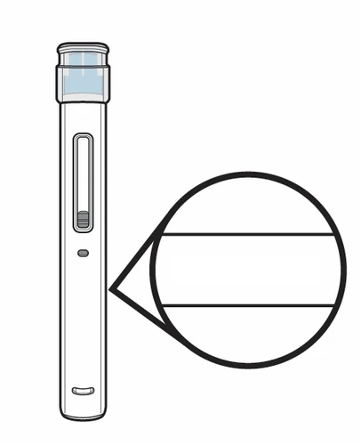Disegno tecnico di una penna iniettore medica bianca con un ingrandimento circolare che mostra il dettaglio della finestra di controllo trasparente