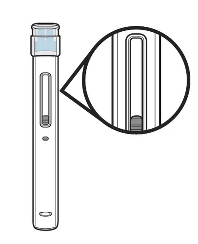 Disegno tecnico di un dispositivo medico cilindrico bianco con un ingrandimento circolare che mostra un dettaglio di una fessura con un indicatore interno