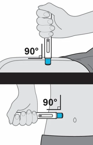 Illustrazione medica che mostra due modi per iniettare con una penna a 90 gradi sulla parte superiore della coscia e sull'addome