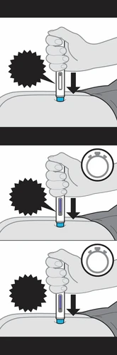 Tre illustrazioni sequenziali mostrano una mano che preme un dispositivo medico sulla pelle con frecce nere che indicano il movimento verso il basso