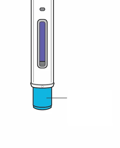Dispositivo medico a forma di penna con corpo bianco, una finestra centrale che mostra un liquido blu e una base cilindrica di colore azzurro