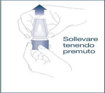 Due mani sollevano un contenitore cilindrico verso l'alto con una freccia blu e la scritta Sollevare tenendo premuto